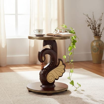 BAANMATA INTERNATIONAL Handicraft Table, Furniture Duck Table, Coffee Table, Nightstand Table, Bedside Table, Handmade Round Table (Mango Wood)