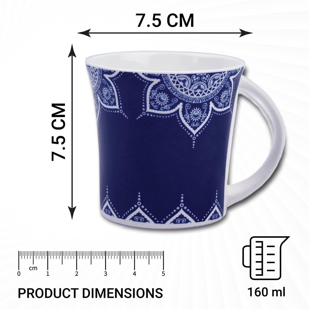 Femora Cosmic Mehendi Tea Cups, Ceramic Tea Cups, Coffee Mugs (160 ml) - 6 Pcs Set (Blue)