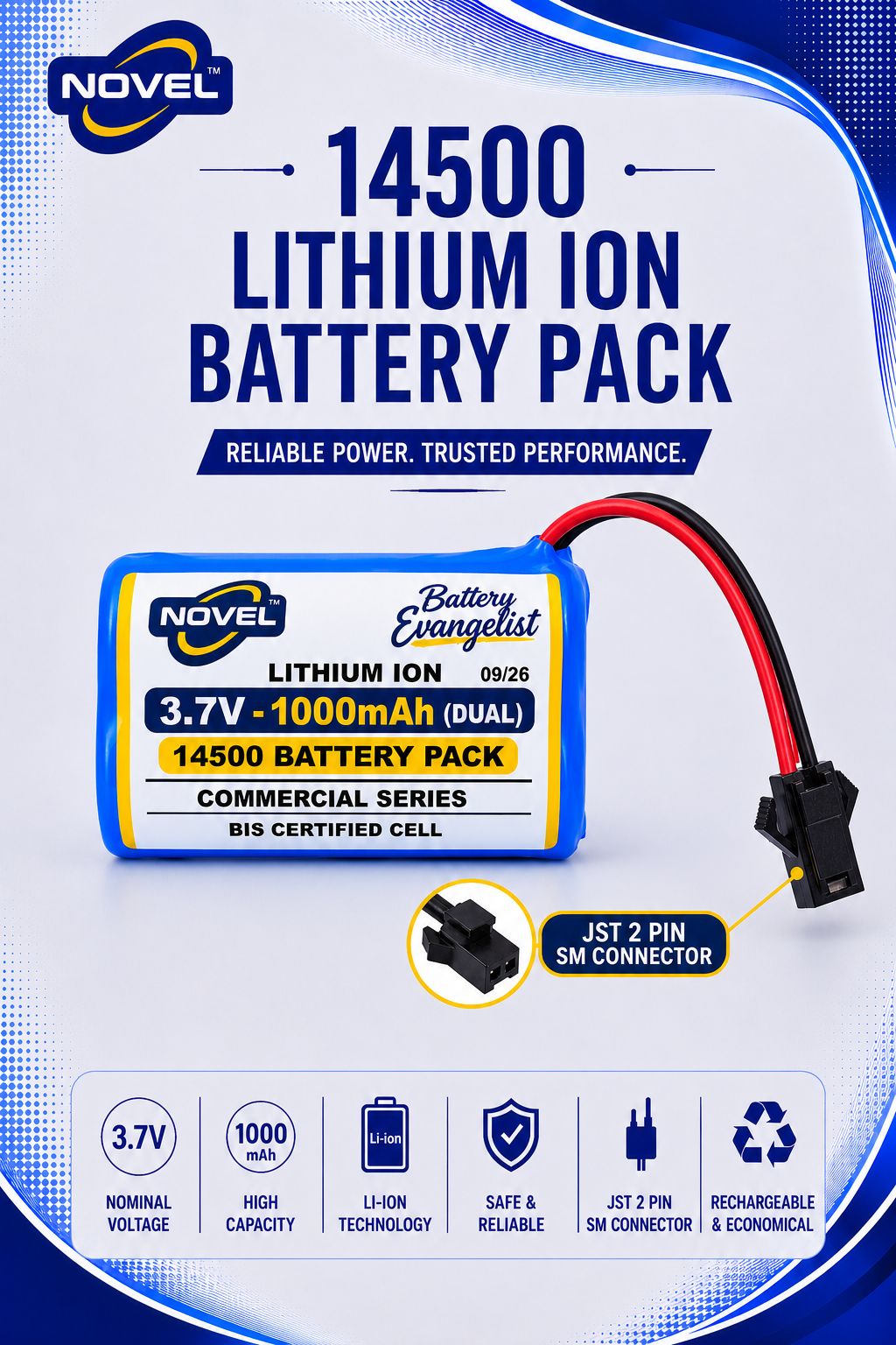 NOVEL 3.7V 1000mAh 14500 DUAL CELL SM PIN
