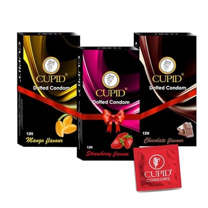 Cupid Dotted & Flavoured Condoms Chocolate, Strawberry & Mango Flavour (Pack of 3) | Lubricated & Multitextured Condoms | For Her Enhanced Pleasure | Pack of 3, 12 Pcs Each