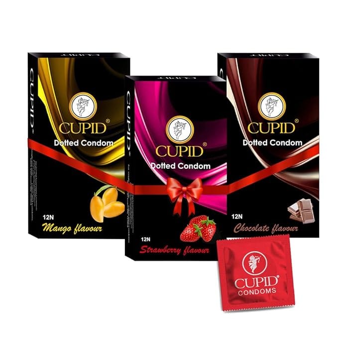 Cupid Dotted & Flavoured Condoms Chocolate, Strawberry & Mango Flavour (Pack of 3) | Lubricated & Multitextured Condoms | For Her Enhanced Pleasure | Pack of 3, 12 Pcs Each