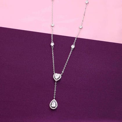 Stylish Crystal Hearts Silver Chain Necklace-White Stone / Silver