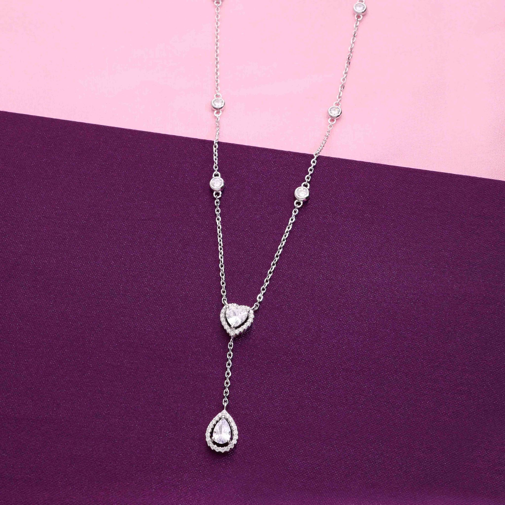 Stylish Crystal Hearts Silver Chain Necklace-White Stone / Silver