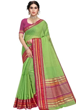 Generic Women's Kota Doria Cotton Bordered Saree with Blouse (Light Green, 5 - 6 Mtrs)