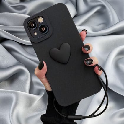 Midnight Black Cute Heart Lanyard Cover-iPhone 15