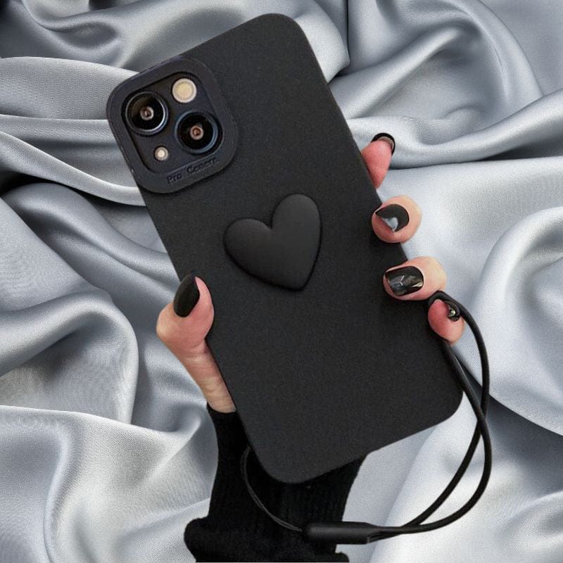Midnight Black Cute Heart Lanyard Cover-iPhone 15