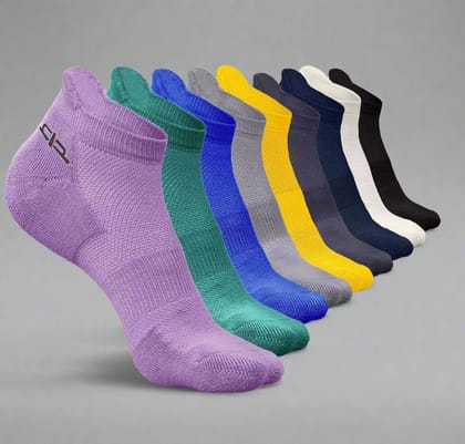 Bamboo Men Ankle Socks - 9 Pairs-Dark Green | Yellow | Purple | Black | Dark Grey | Off White | Navy Blue | Royal Blue | Light Grey