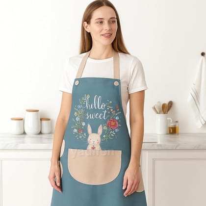 Giftora Waterproof Kitchen Apron for Women, Blue Bunny Design with Large Storage Pocket, Adjustable Straps, 70x70cm, Cooking Baking Dishwashing