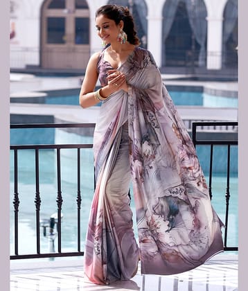 Samah Satin Printed Saree With Unstitched Blouse Piece ( Mauve )