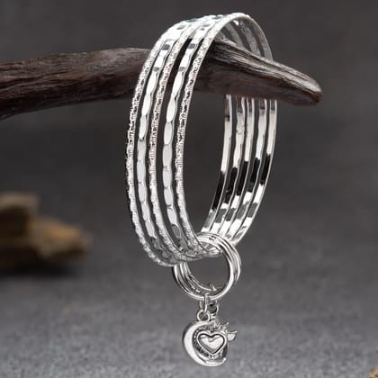 Silver Rhodium Plated Moon-Heart, Pearl-Stone Charmed Set Of Bangles