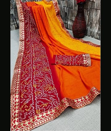 Kanooda Prints Art Silk Printed Saree With Unstitched Blouse Piece ( Orange )