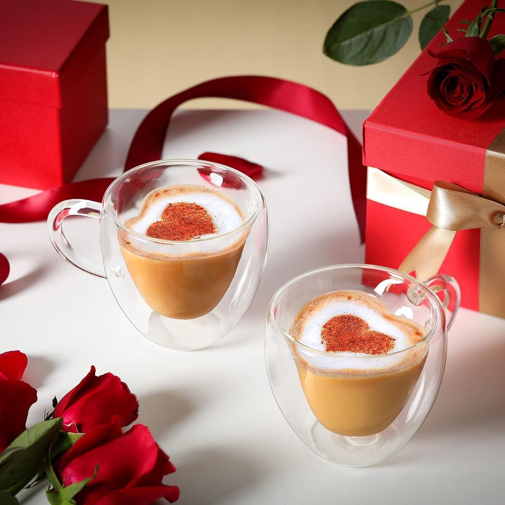 Heart Shaped Transparent Double Walled Insulated Glass Coffee Mugs or Tea Cups with Unique Handle (410 Ml)