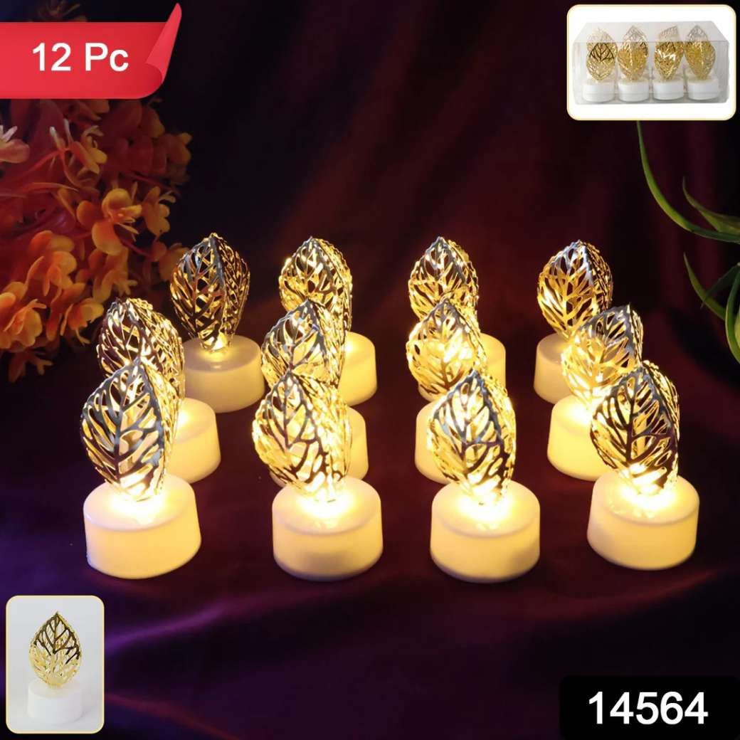 Decorative Golden Leaf Shaped Flameless LED Candles (12 Pcs)