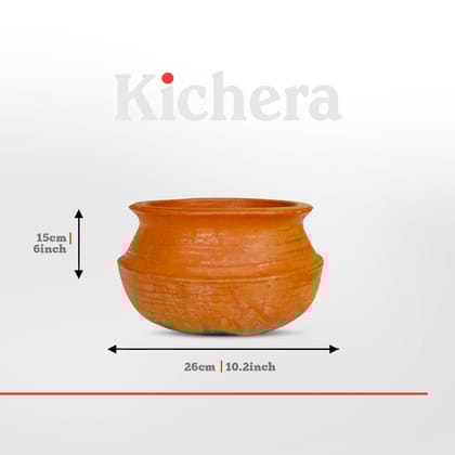 Kichera Unglazed Clay Pot for Cooking & Serving | Red Earthen Kadai/Mud Handi | Natural Non Toxic Cookware | Best for Traditional Indian Dishes-2 Ltr