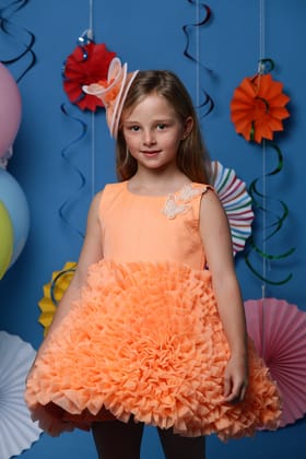 Organza Flower Enhanced Orange Knee Length Dress-6-12 months