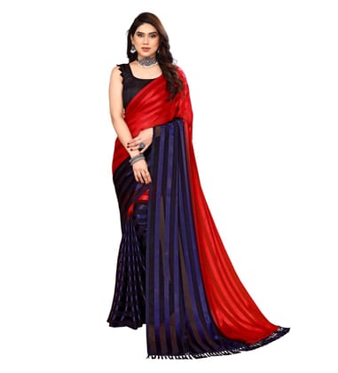 Women's Embellished Striped Bollywood Satin Saree with Blouse (Red, Dark Blue)