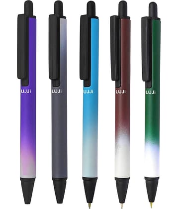 UJJi Multi Color Shade Click on and off Metal Pack of 5pcs (Blue Ink) Ball Pen