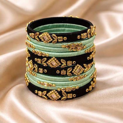 Pastel Green Black Silk Thread Stone Bangles Set Women