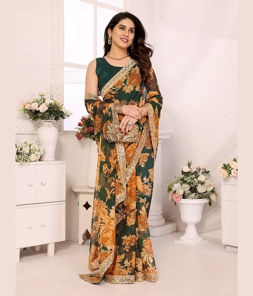 Gazal Fashions Organza Printed Saree With Unstitched Blouse Piece ( Multicolor1 )