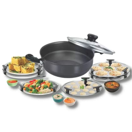 Softel Hard Anodised Multipurpose Kadai with 6 Plates | Hindalco Material | Induction Compatible | Idli, Dhokla, Patra & Momos Maker | Black