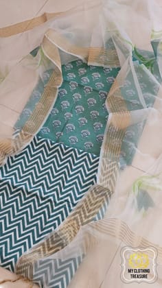 Pure Cotton Hand Block Print 3 Piece Dress Material With Organza Dupatta - Code 1