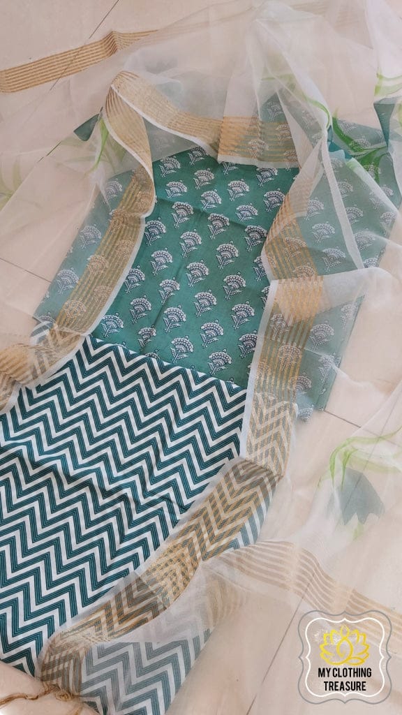 Pure Cotton Hand Block Print 3 Piece Dress Material With Organza Dupatta - Code 1