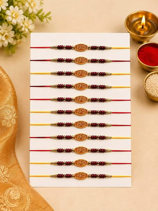 Celebrate Raksha Bandhan with this elegant set of 12 lotus design rakhis. Featuring pearl-like beads, yellow accents, and red-yellow threads for a festive