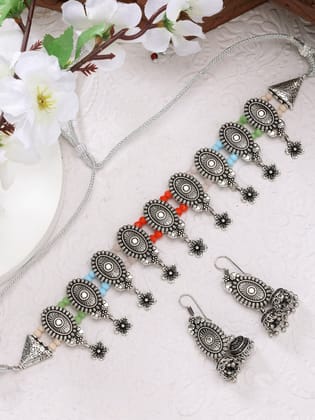 NVR Women Silver-Plated Choke Oxidized Necklace with Jhumka Earrings-Silver / Female / Adults