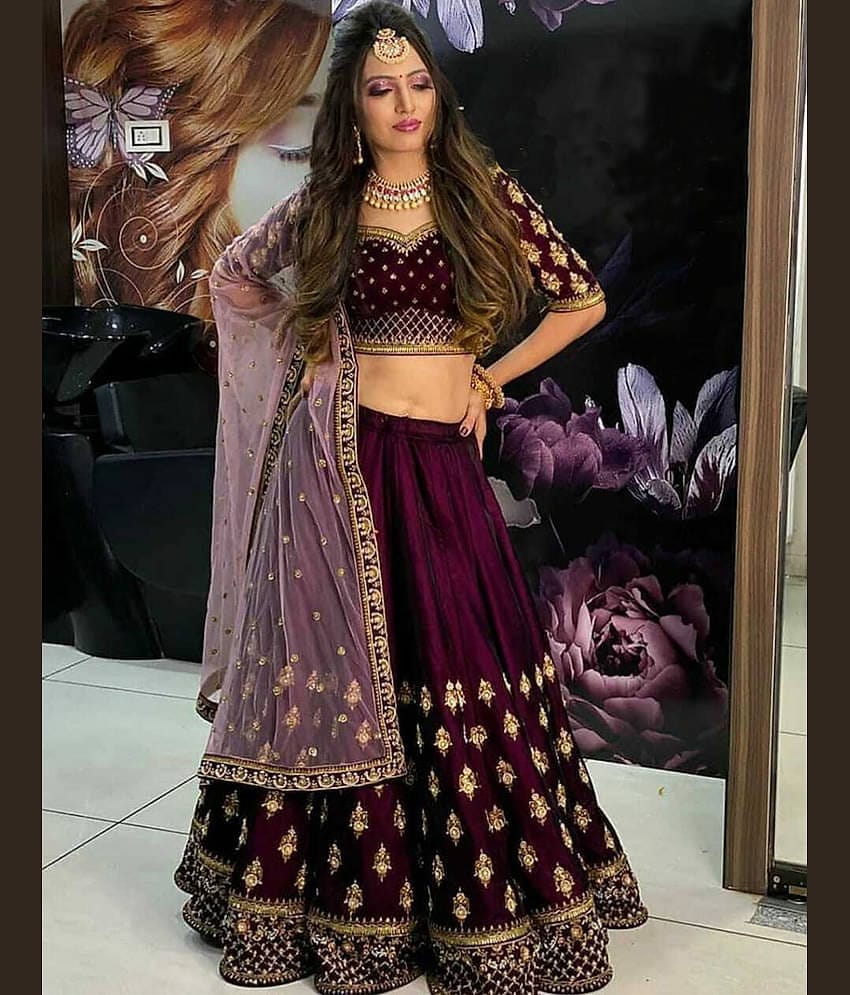 kedar fab Purple Velvet Circular Semi Stitched Lehenga Single