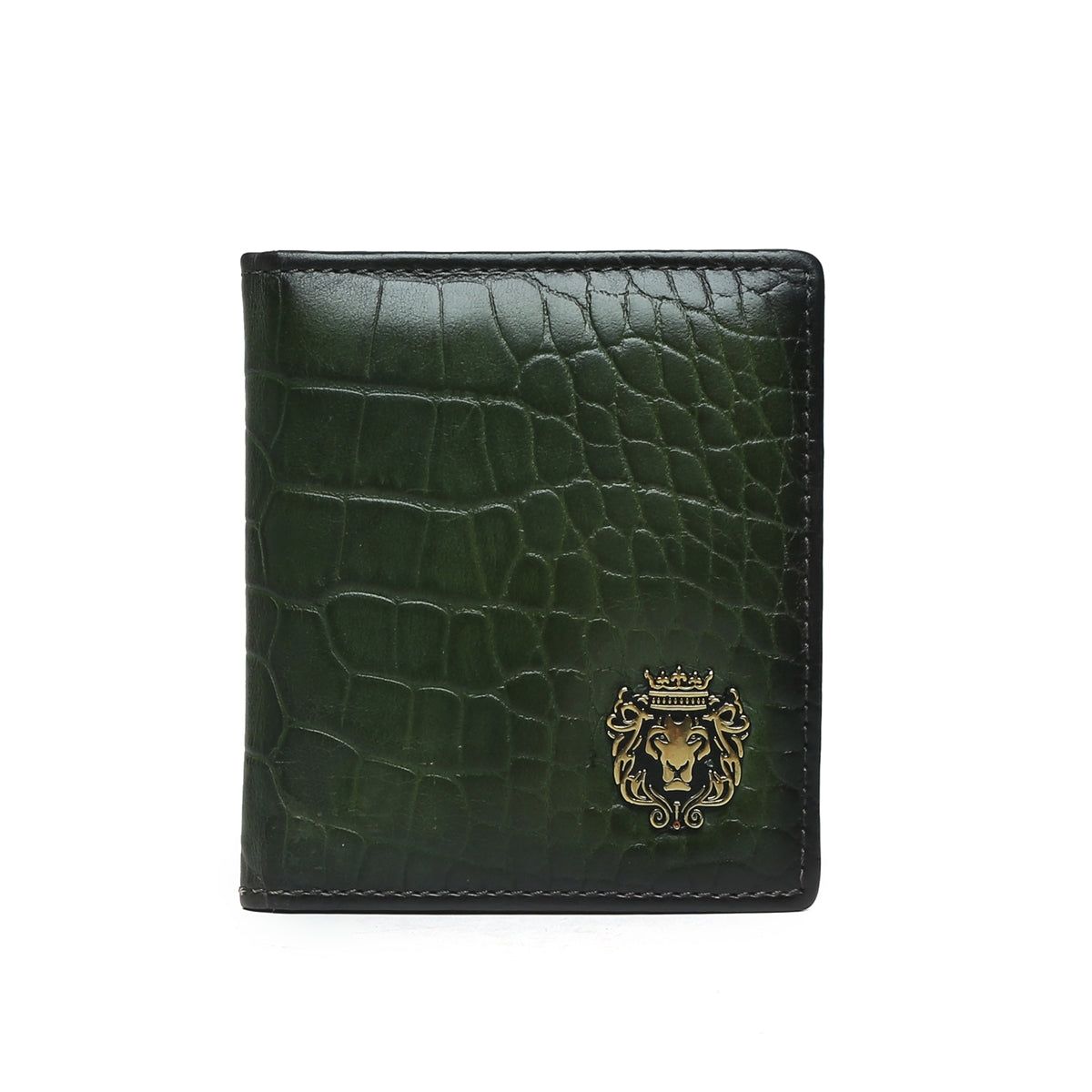 Green Croco Two Fold Leather Card Holder By Brune & Bareskin-FS
