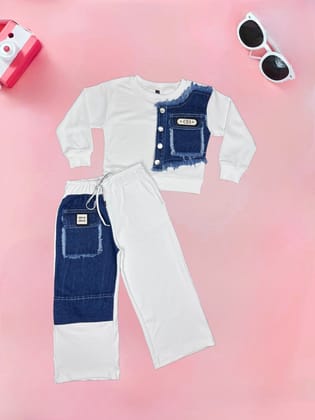 Girl's Imported Funky Co-Ord  Set [GCS-9947] (4-12 Years)-10-11Y (Size - 34) / Ribbed+Denim