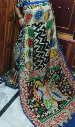 Multi Color Kalamkari Linen Digital Printed Sari 1198