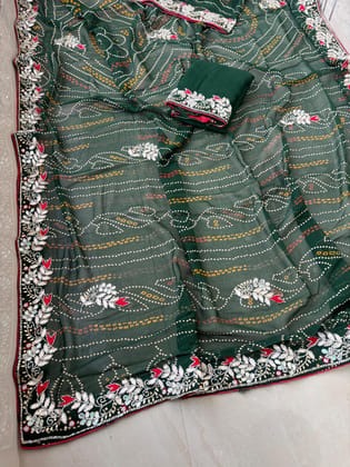 Pure 75*75 Jaipuri print jhorjt  with running  blouse Jaipuri traditional Bandej saree Karva Chauth special Chunri