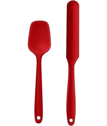 Baskety Silicone Spoon and Butter Jar Knife Mixing Flexible Spatula ( Pack of 2,Red )