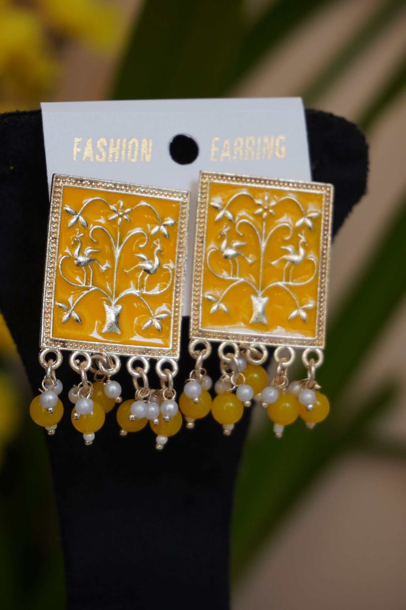 Yellow colour rectangle shape meenakari stud-One Size