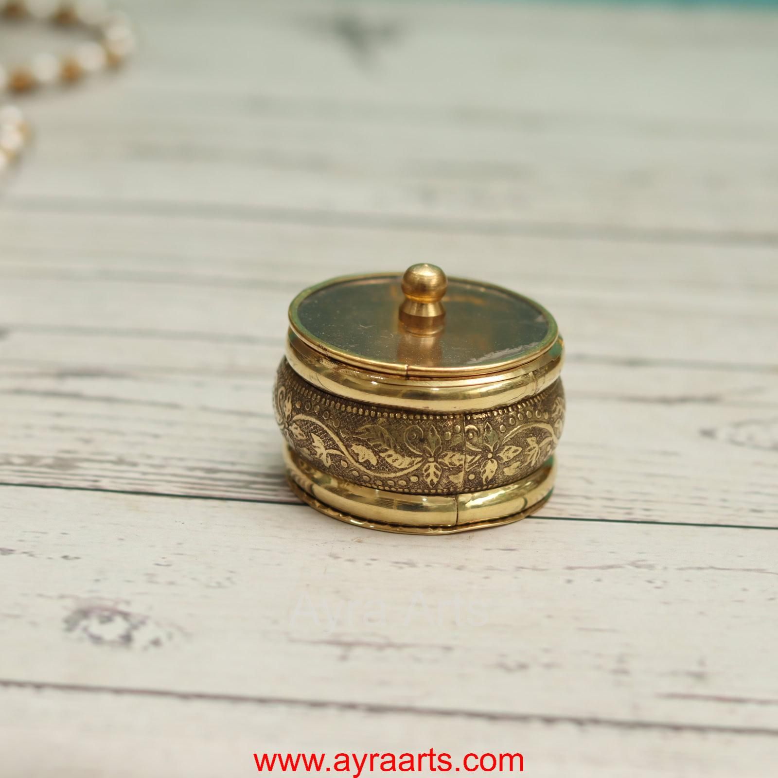 Brass Handcrafted Sindoor Dibbi Kumkum Box with Transparent Glass Top Fancy Box Round - 2 Inch Length