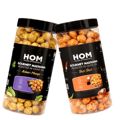 GOURMET MAKHANA Roasted in Olive Oil | Flavors Peri Peri & Achari Mango | Combo Of 2, 65g Each. - 130 gm