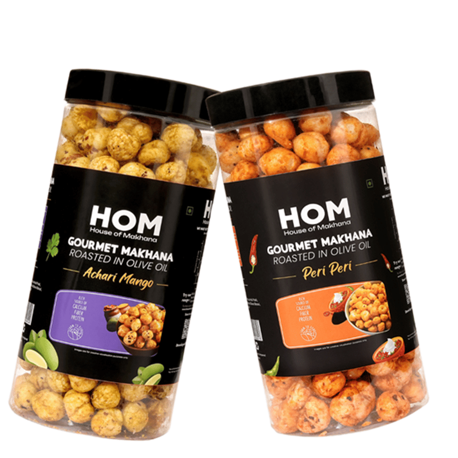 GOURMET MAKHANA Roasted in Olive Oil | Flavors Peri Peri & Achari Mango | Combo Of 2, 65g Each. - 130 gm