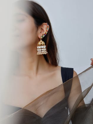 Jinka Multicolored Kundan Earcuff Jhumka Earrings-Multicolored