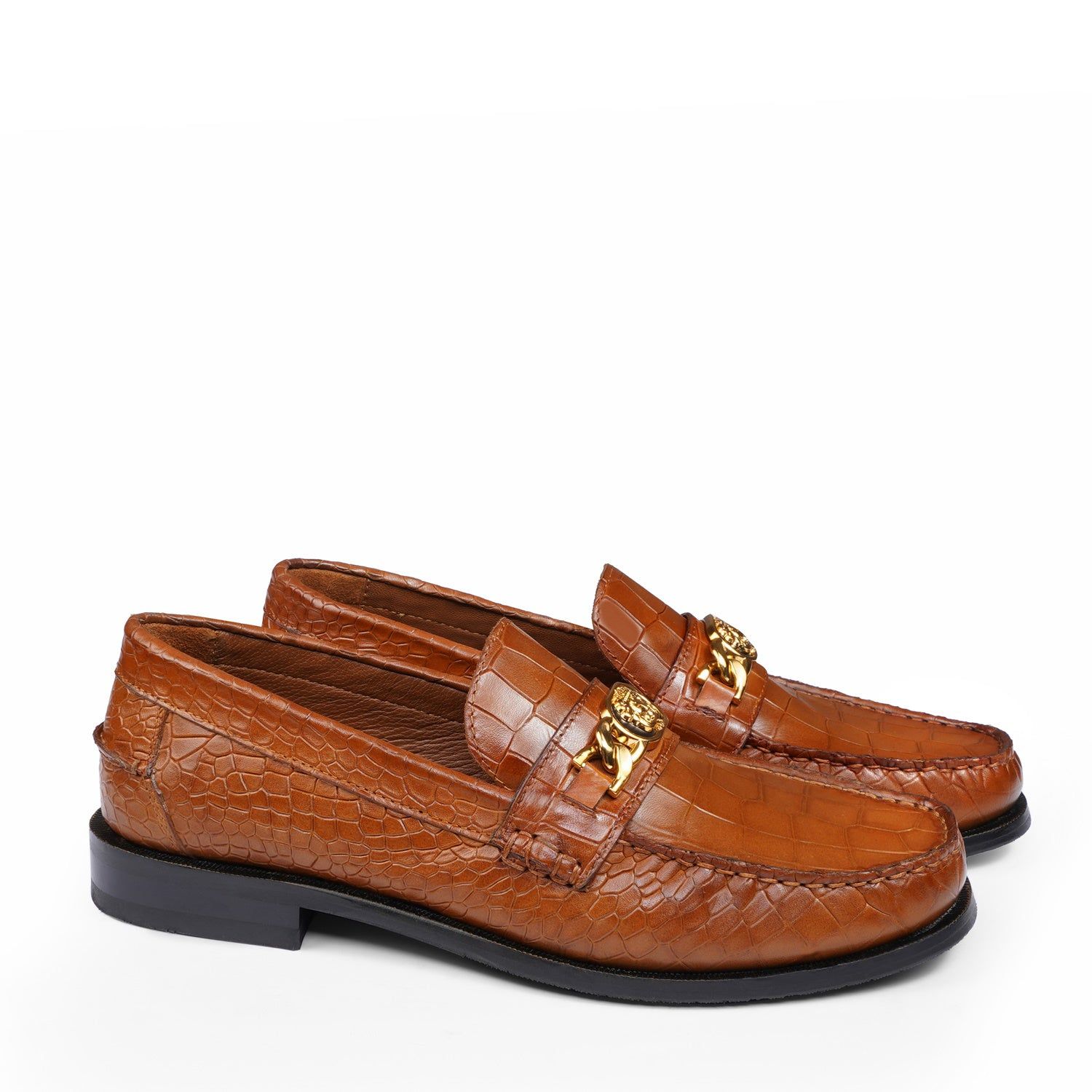 Tan Deep Cut Croco Moccasin Loafer with Chain Embellishment Trademark Lion Logo-40/6