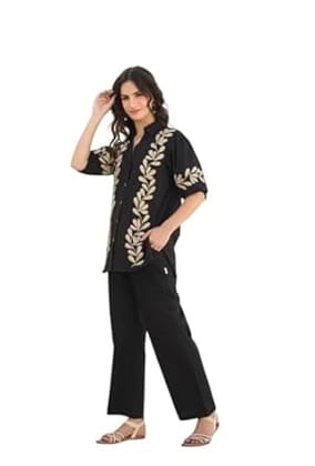 Women's Black Cotton Tunic Top Pant with Gold Leaf Embroidery, Button-Down, Puff Sleeves