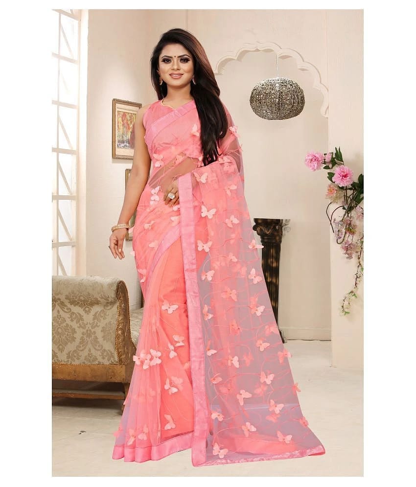 Gazal Fashions - Pink Net Saree With Blouse Piece (Pack of 1)