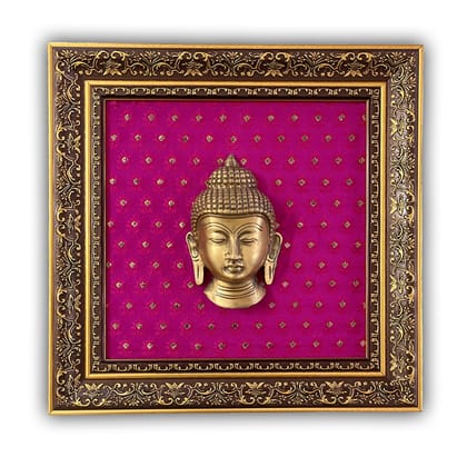 Brass Buddha face Statue  Framed in beautiful Banarasi Silk 12”