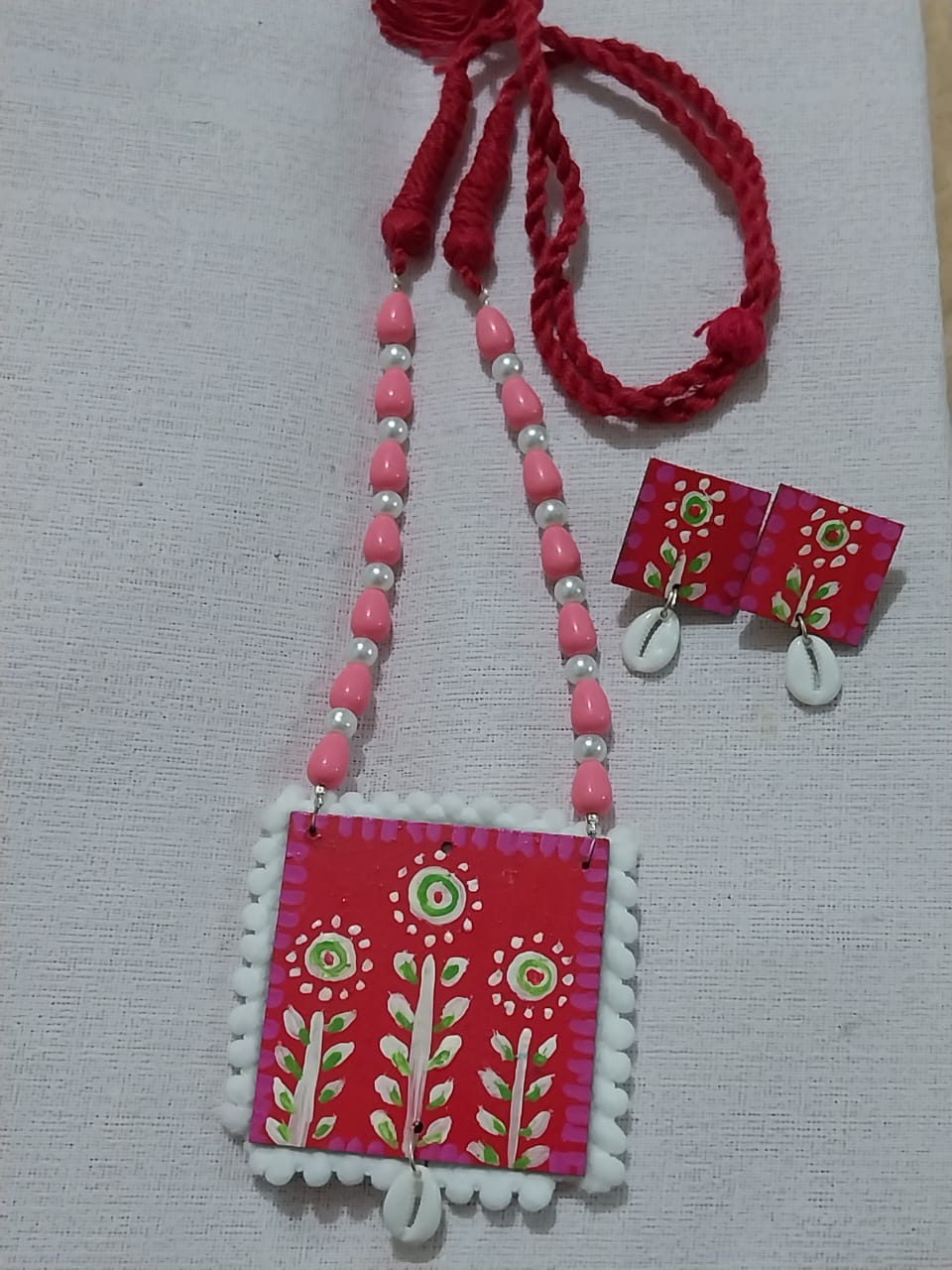 Handmade Handpainted Necklace with Glass Beads Mala On Wooden Base