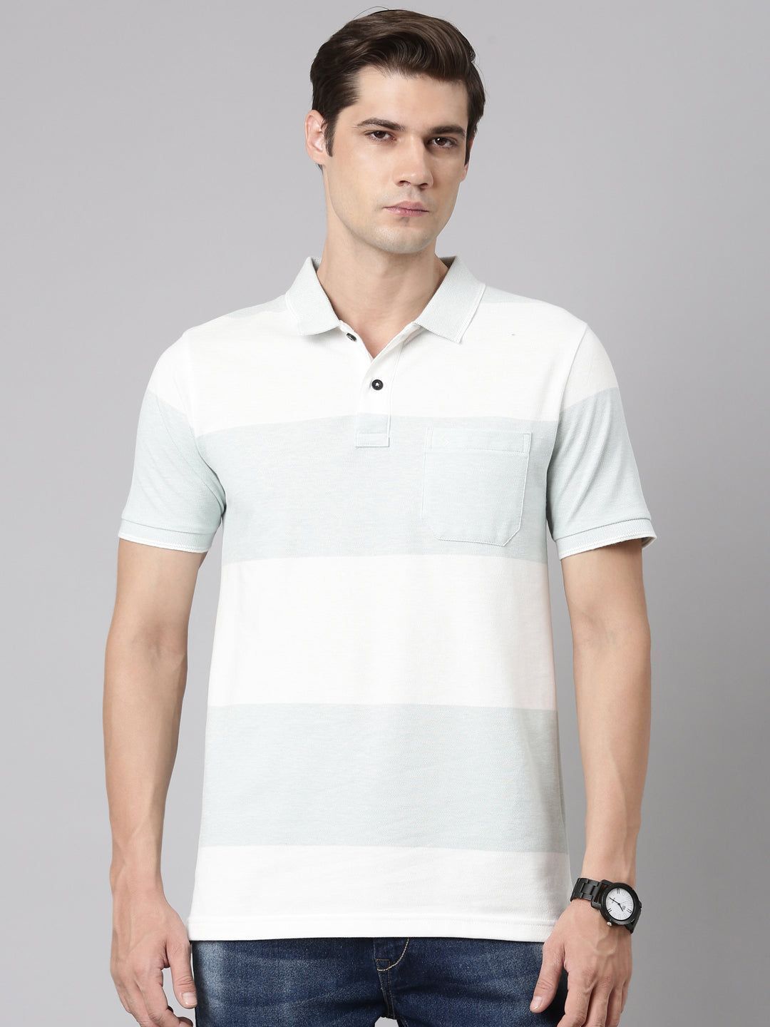 Classic Polo Men's Polo Neck Cotton Lt.Blue/White Slim Fit Striped T-Shirt | ADORE-217 B SF P