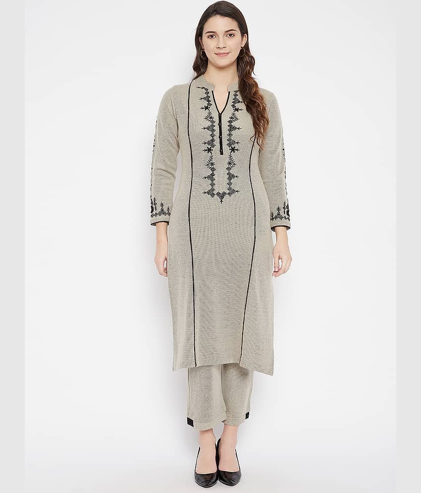 zigo Woollen Embroidered Kurti With Palazzo Women's Stitched Salwar Suit - Grey ( Pack of 1 )