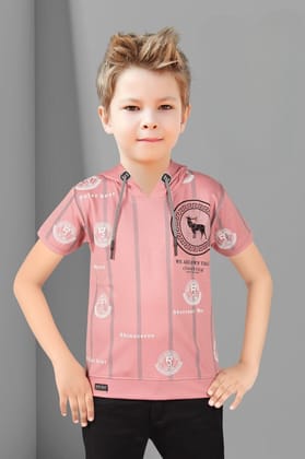 Boys Peach Half Sleeve Hoodie Style Printed T-Shirt-5985 PCH / Peach / 32