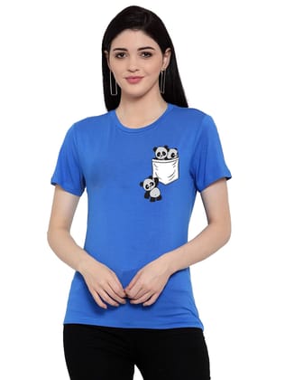 Women's Cotton Blend Pandas In My Pocket Printed T-Shirt S (Blue)