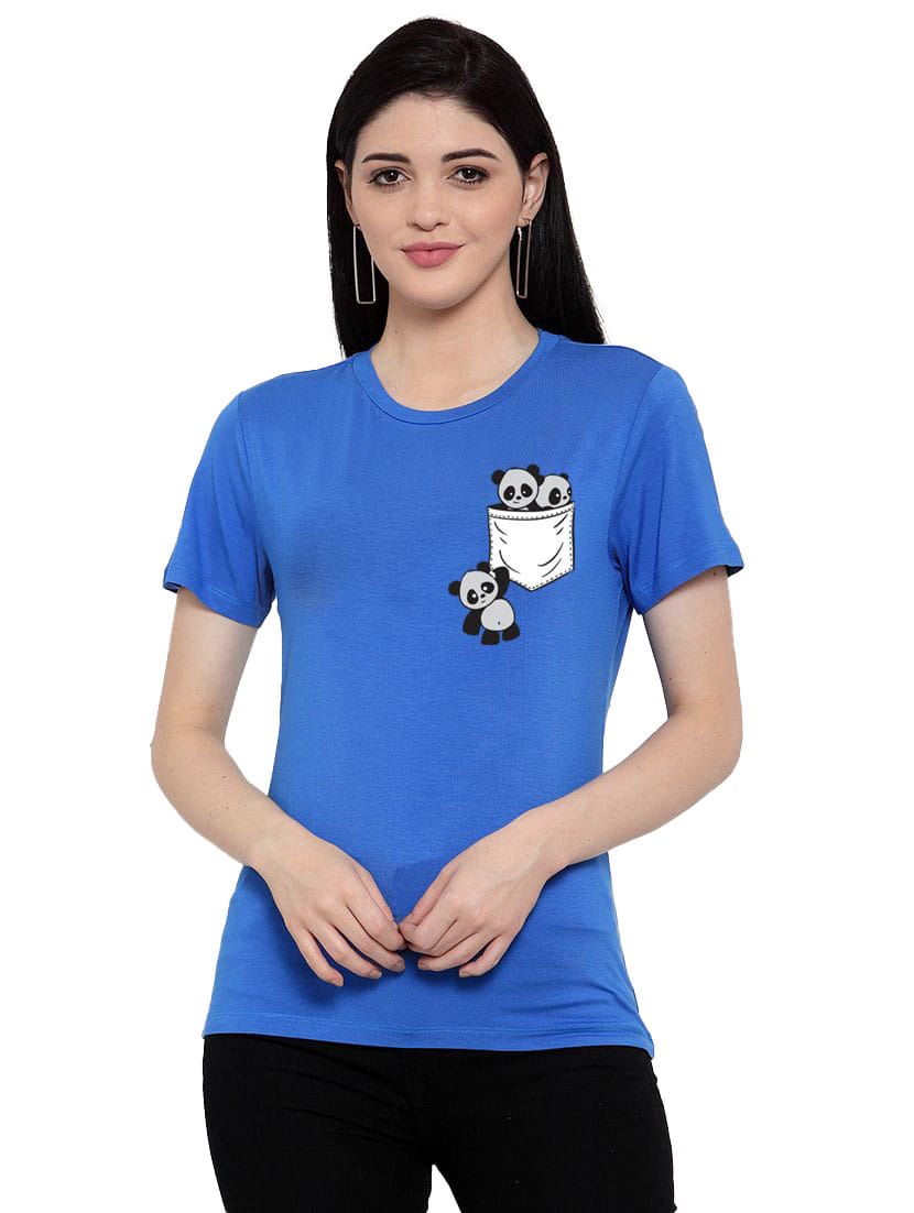 Women's Cotton Blend Pandas In My Pocket Printed T-Shirt S (Blue)