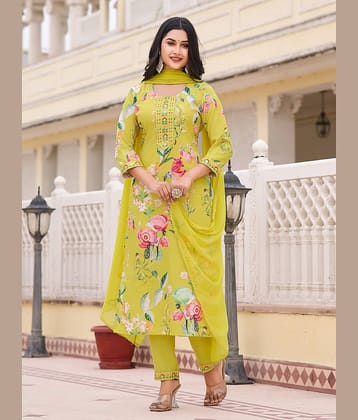 VIBEVISION Cotton Blend Printed Kurti With Pants Women's Stitched Salwar Suit - Yellow ( Pack of 1 )